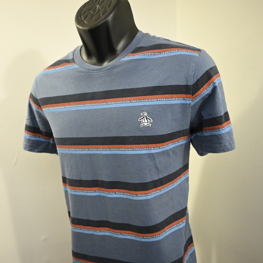 Original Penguin T-Shirt Mens Medium Blue Striped Short Sleeve Crew Neck Logo